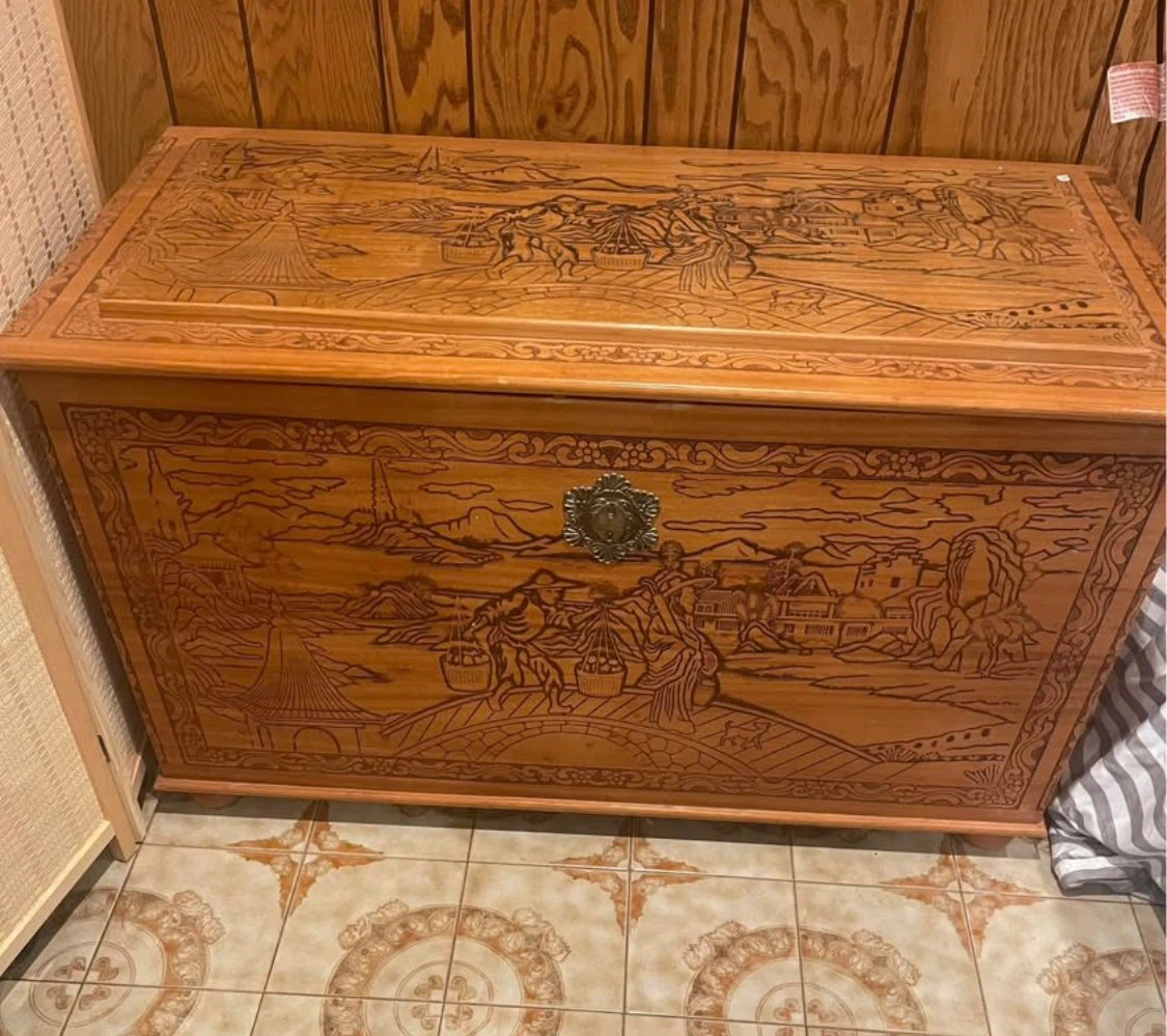 Vintage Hand-Carved Wooden Storage Chest