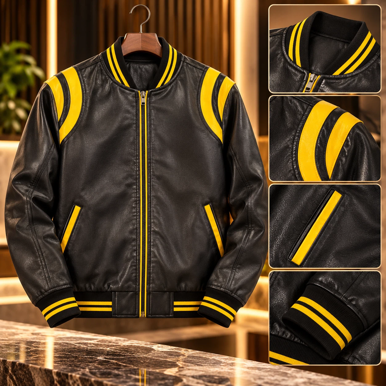 Black and Yellow Faux Leather Varsity Jacket- New