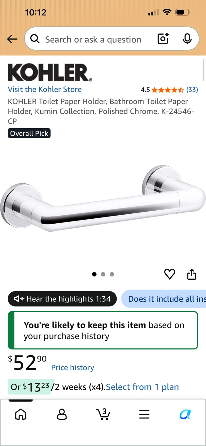 Kohler Kumin Toilet Paper Holder, Polished Chrome