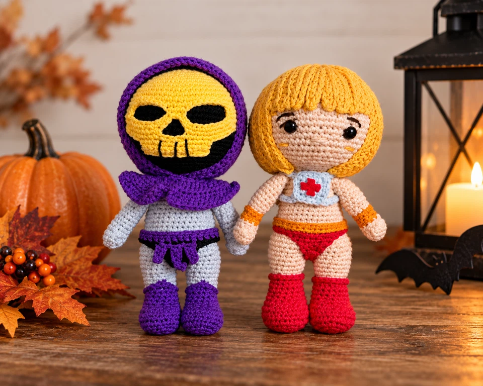 Handmade He-Man and Skeletor Crochet Dolls X2
