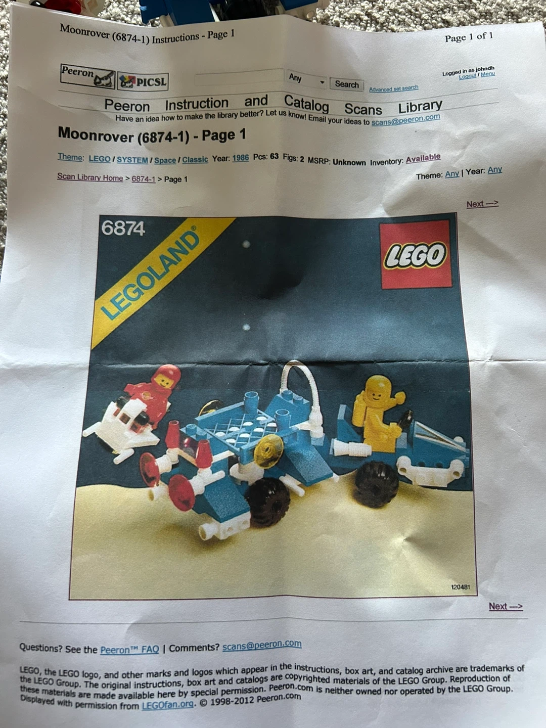 LEGO Legoland Space Moonrover 6874