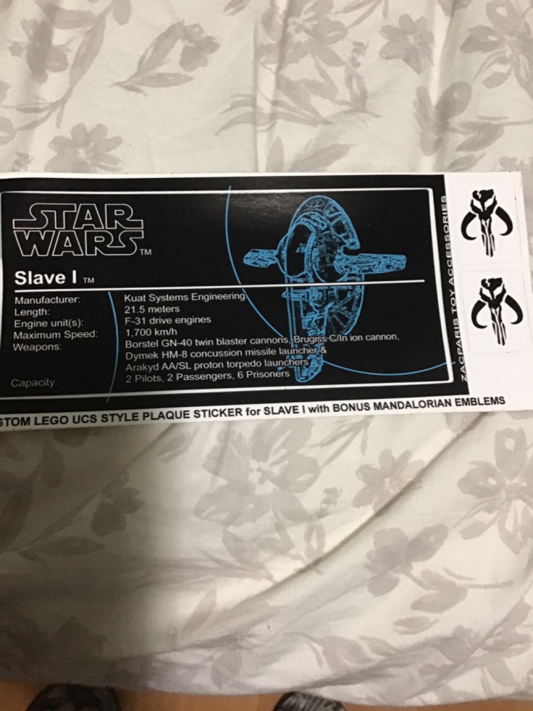 Star Wars Slave I Custom UCS Style Plaque Sticker