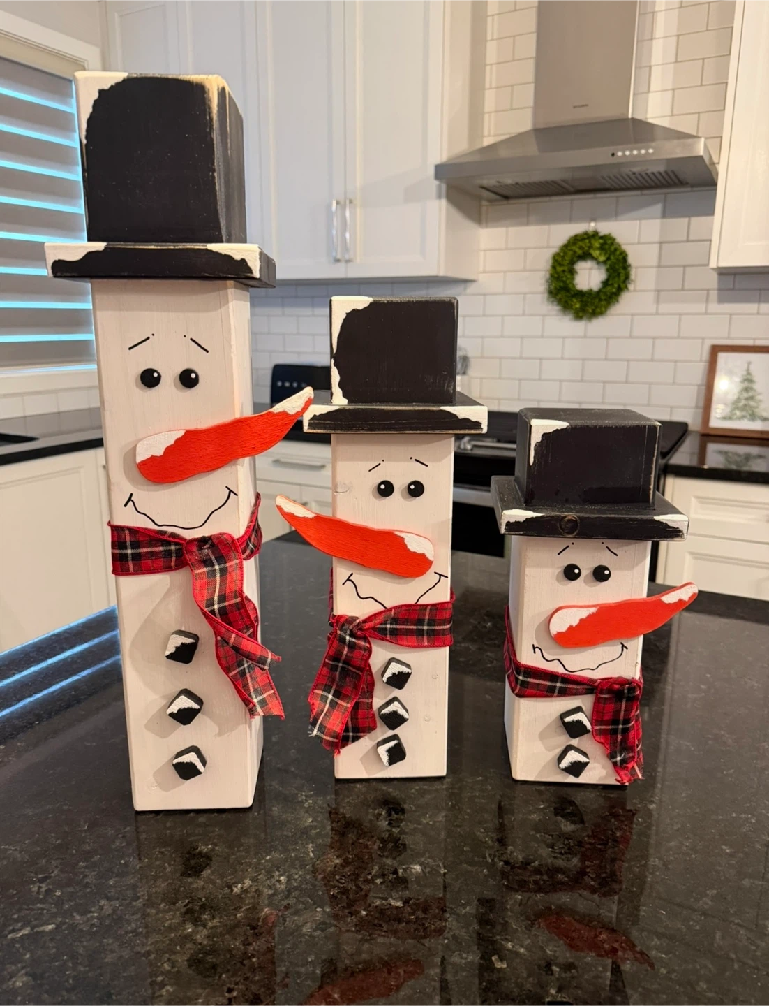 Set of Three (3) Solid Wood Snowmen