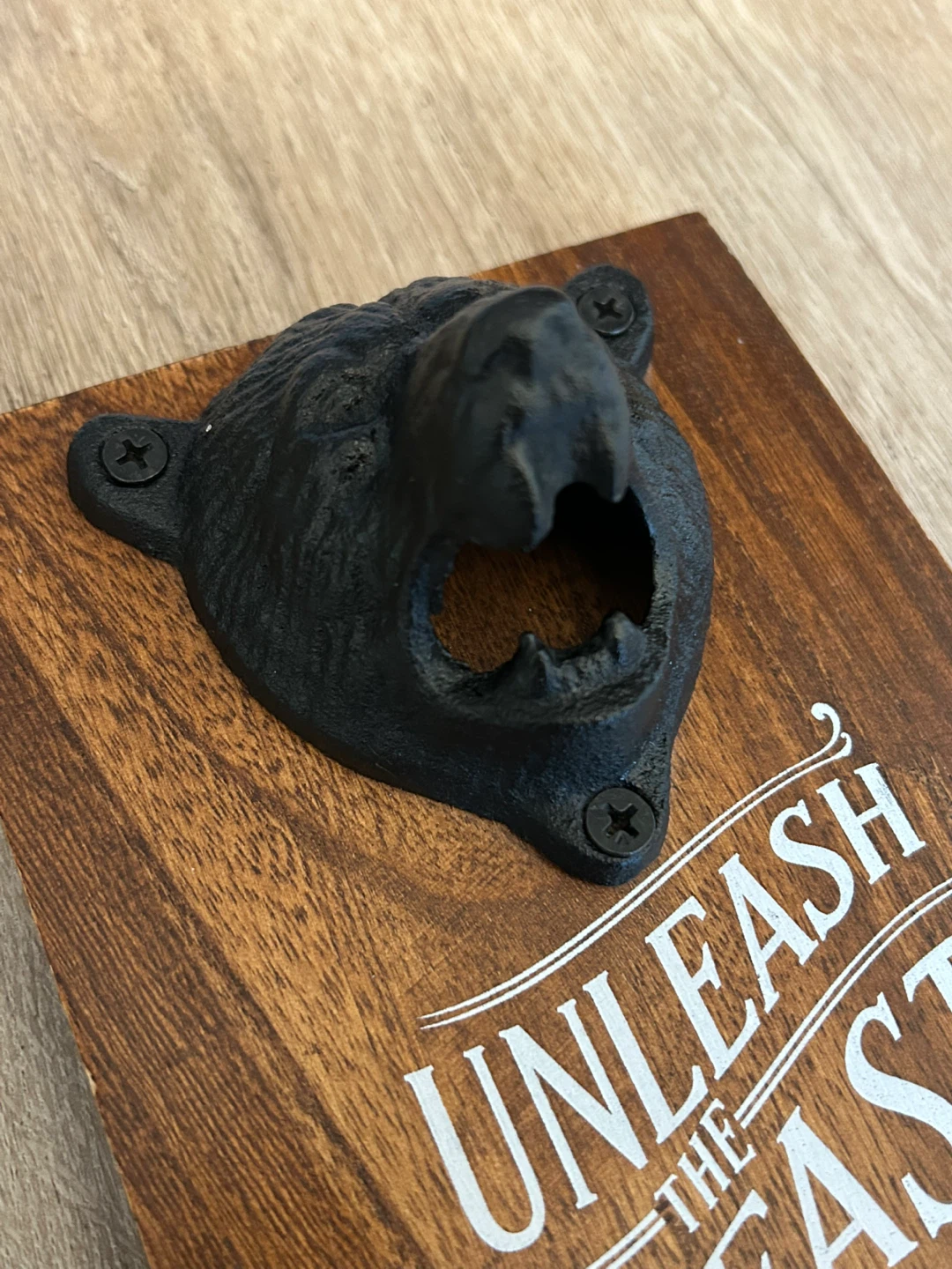 Wall-Mounted Cast Iron Bear Bottle Opener on Wooden Plaque