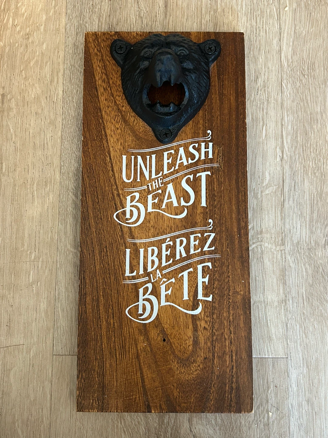 Wall-Mounted Cast Iron Bear Bottle Opener on Wooden Plaque - photo 2