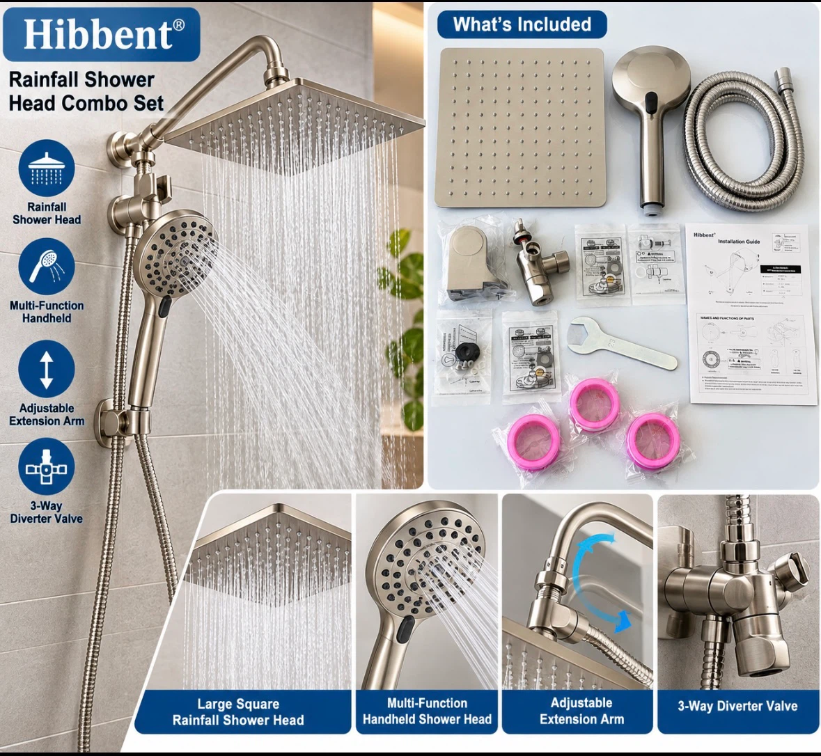 Hibbent Rainfall Shower Head Combo Set – Brushed Nickel