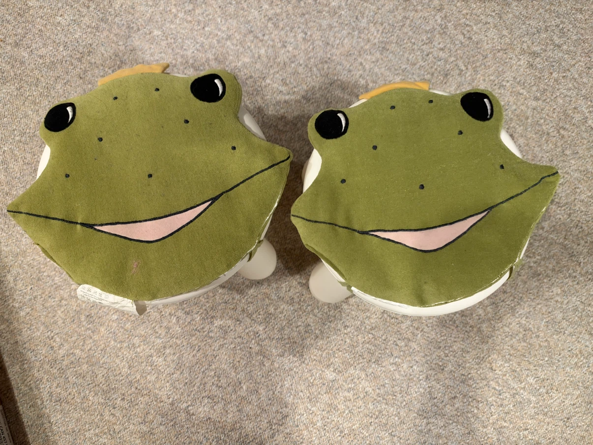 Two IKEA FLISAT Children's Stools with Frog Cushions