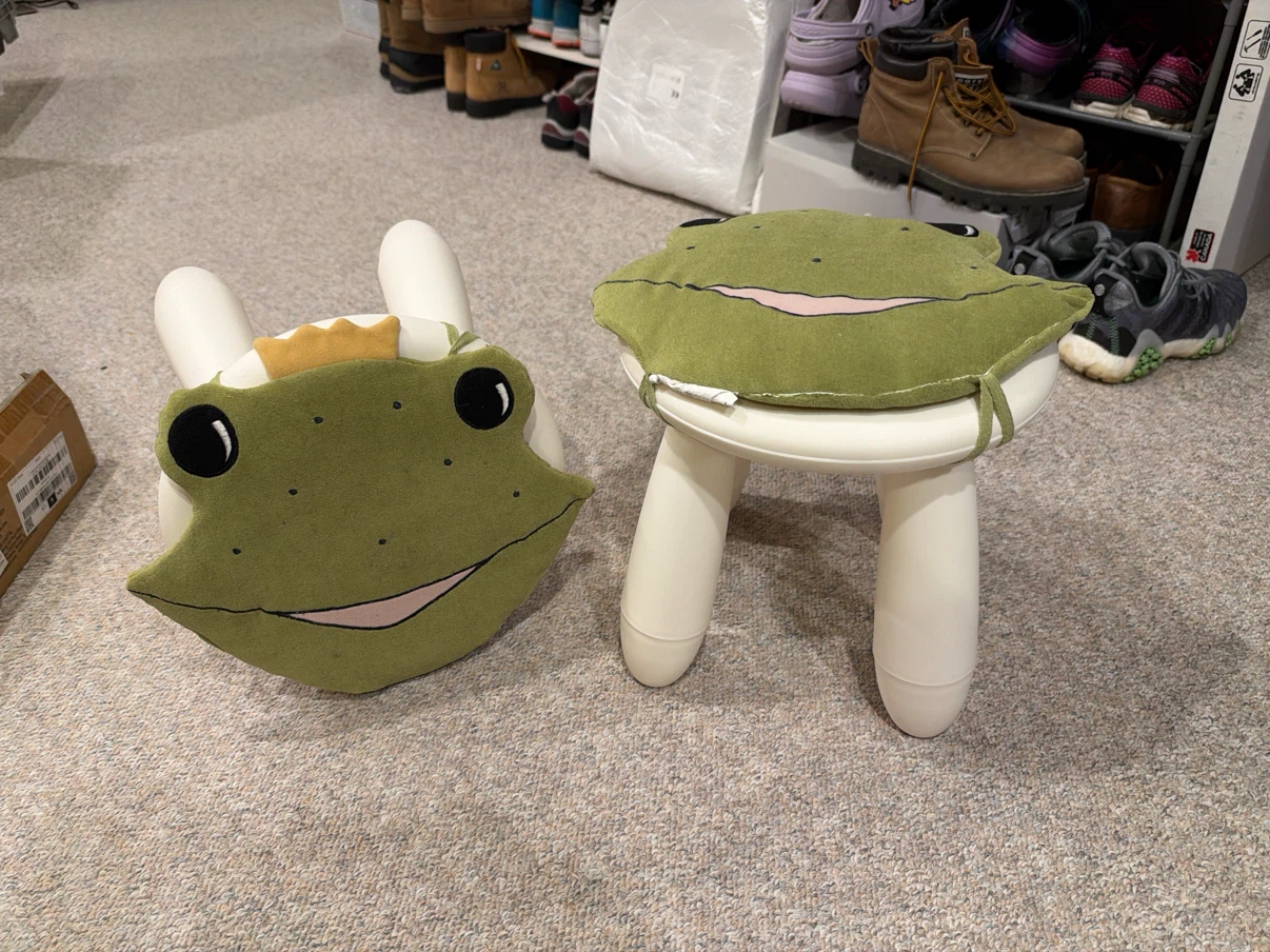 Two IKEA FLISAT Children's Stools with Frog Cushions - photo 2