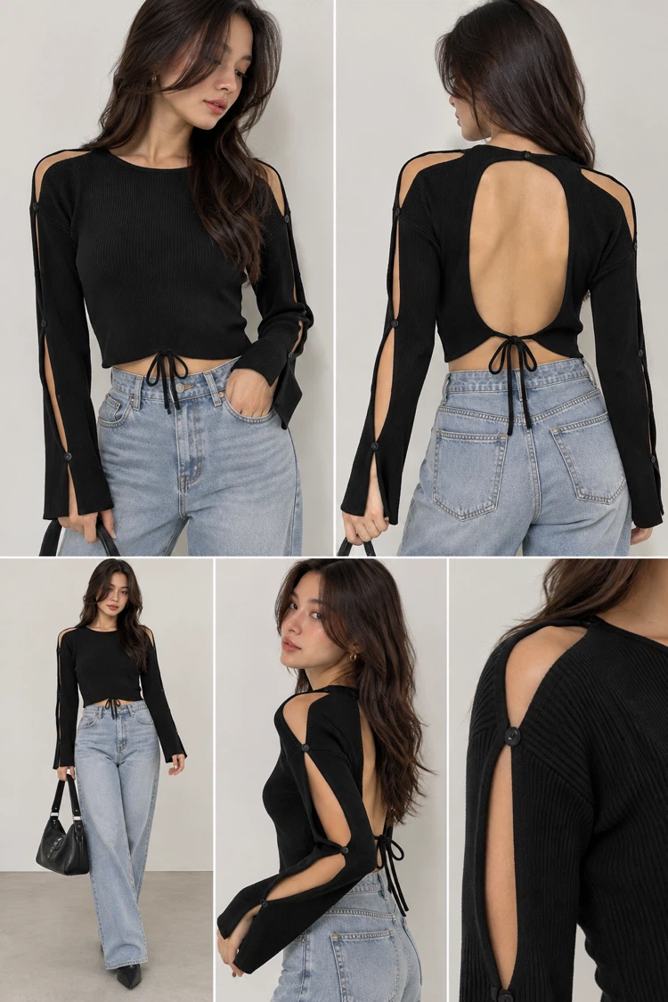 Black Long Sleeve Cutout Crop Sweater Top Open Back