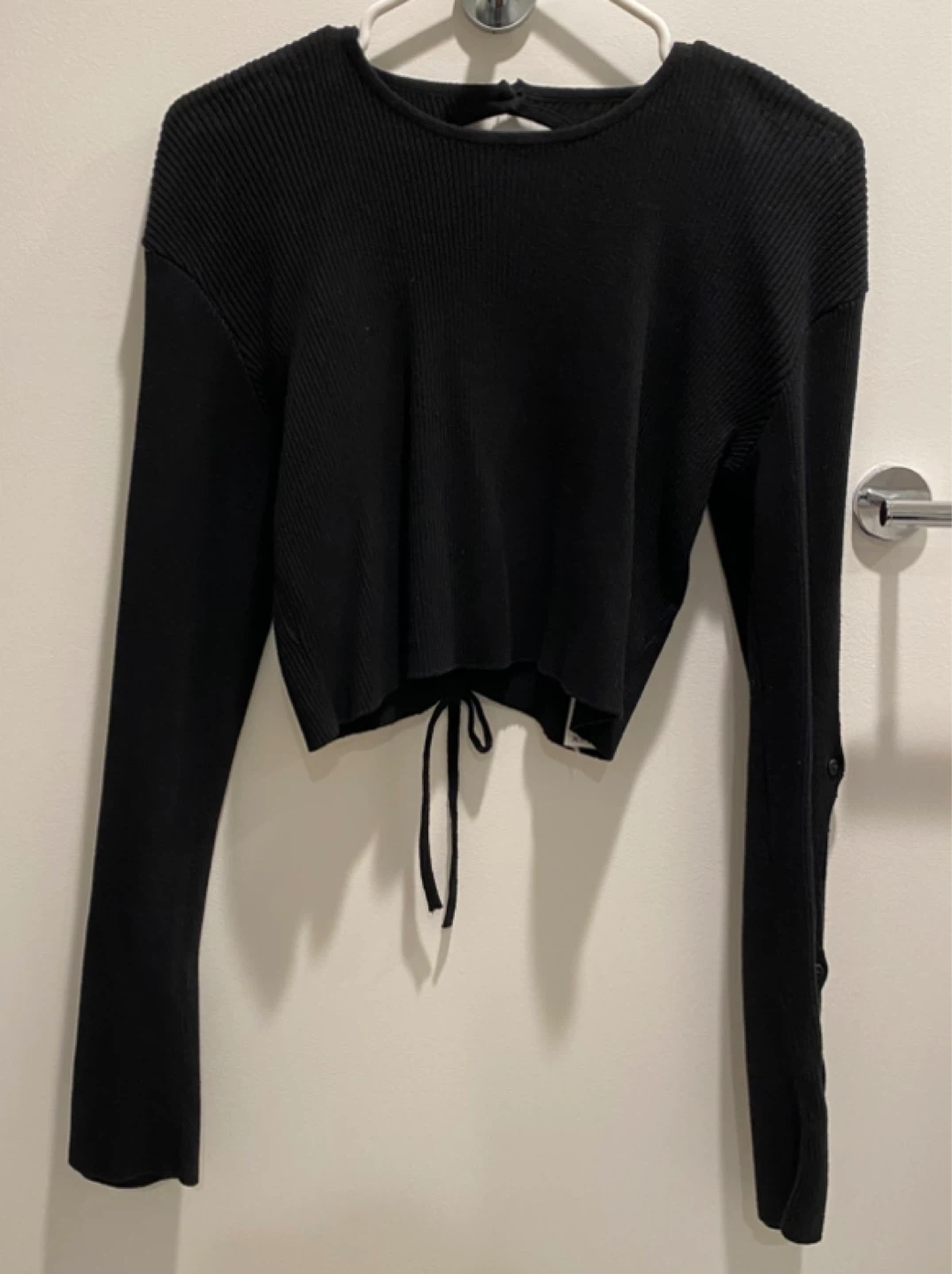Black Long Sleeve Cutout Crop Sweater Top Open Back - photo 2