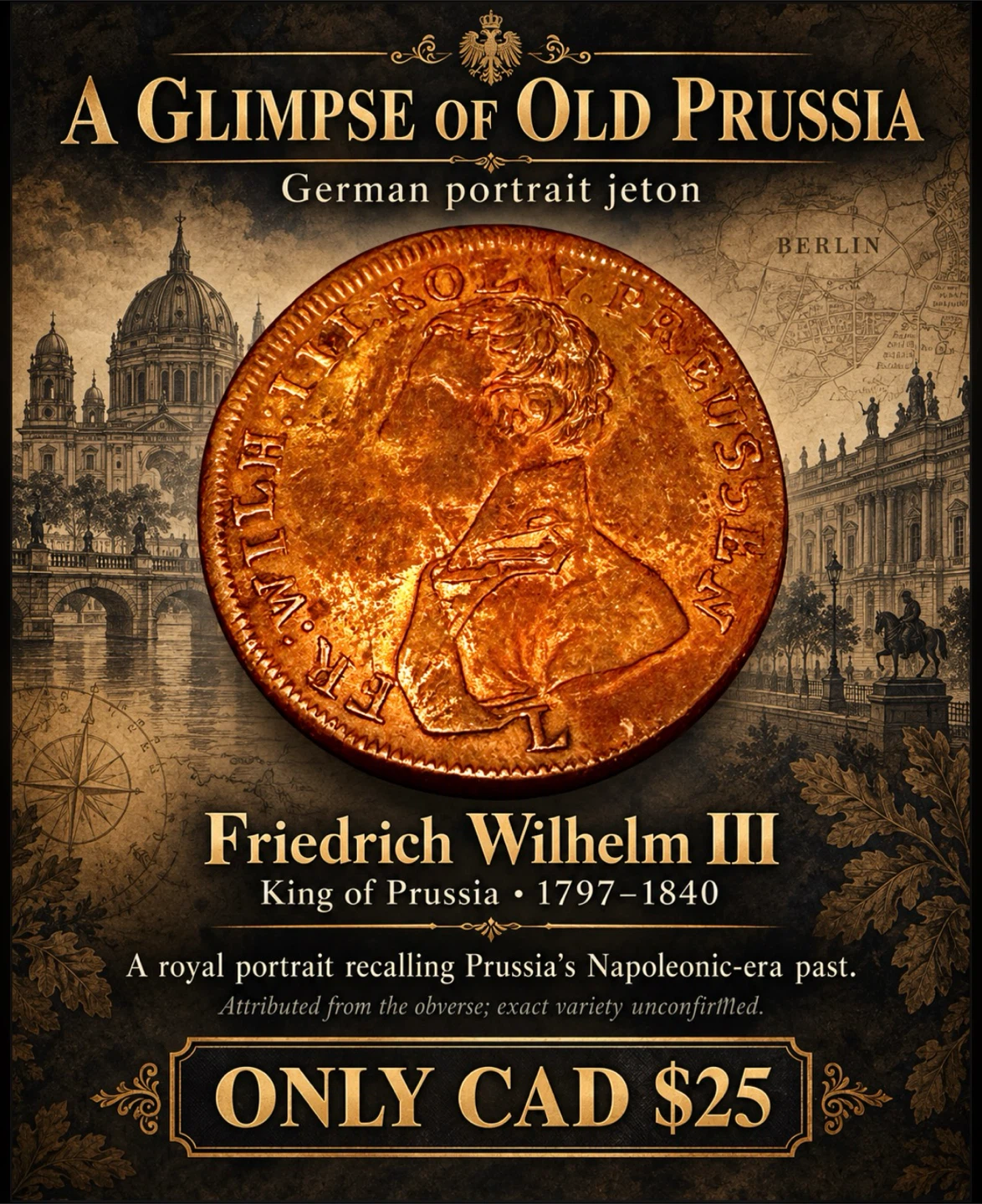 200 year old -,Friedrich Wilhelm III Prussian Portrait Jeton