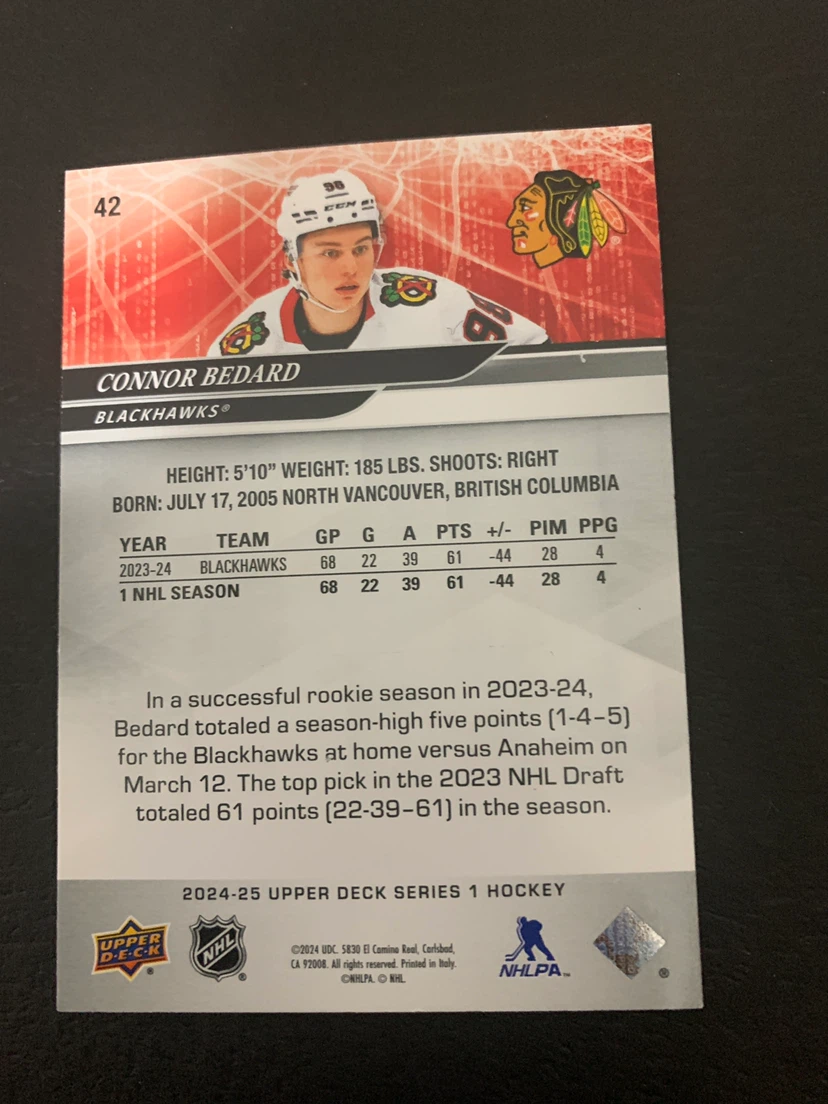 2024-25 Upper Deck Series 1 Connor Bedard Hockey Card - photo 2