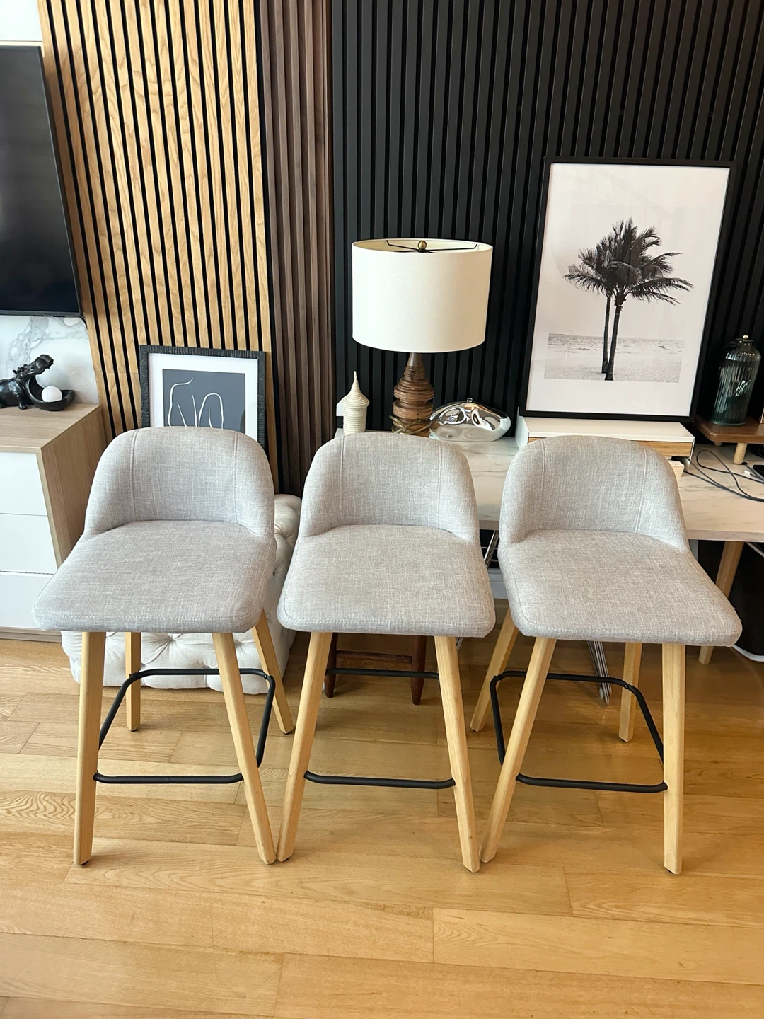 3 BOUCLAIR MODERN GREY COUNTER HEIGHT STOOLS 26”