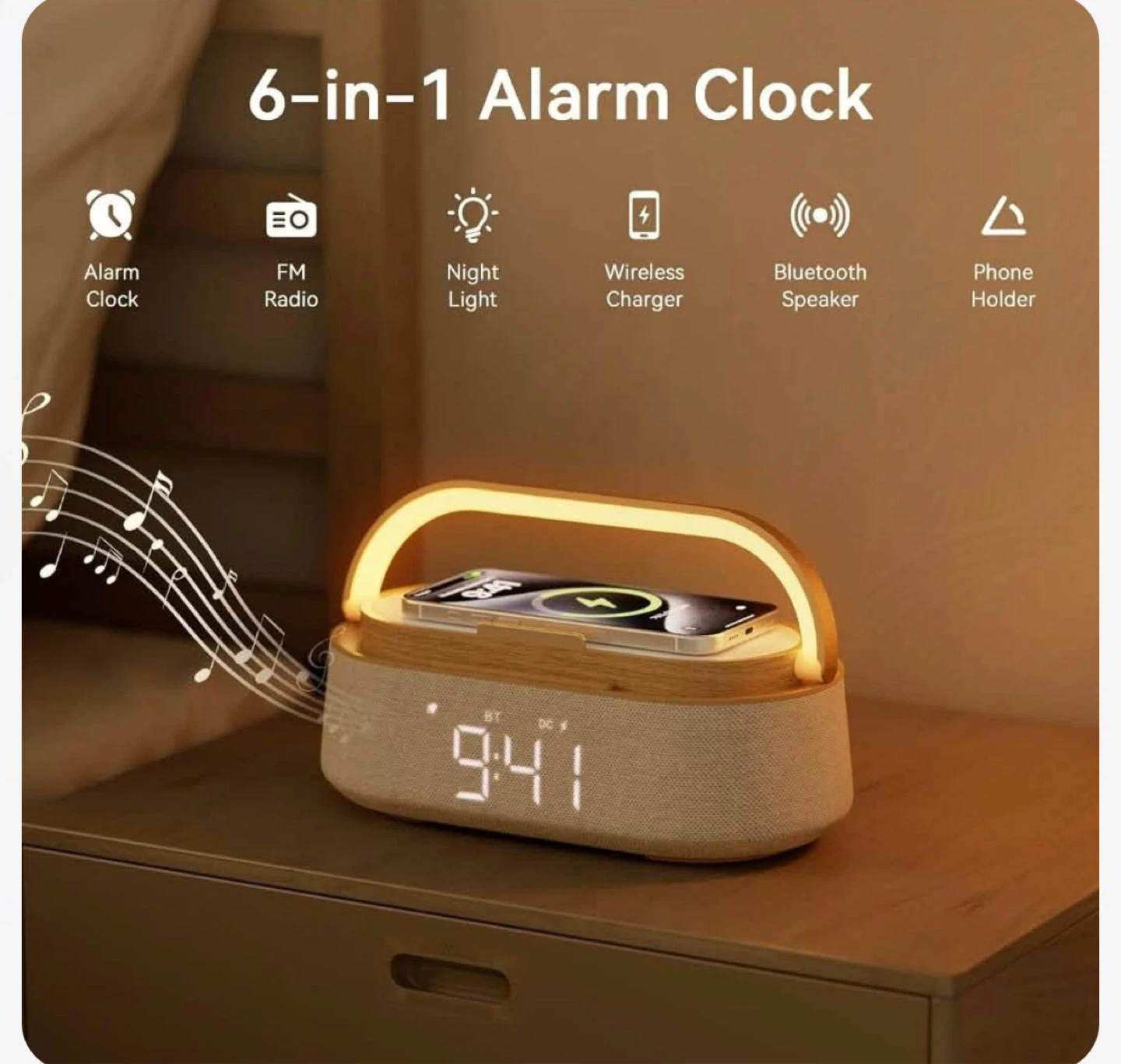 6-in-1 Alarm Clock with Wireless Charging and Speaker