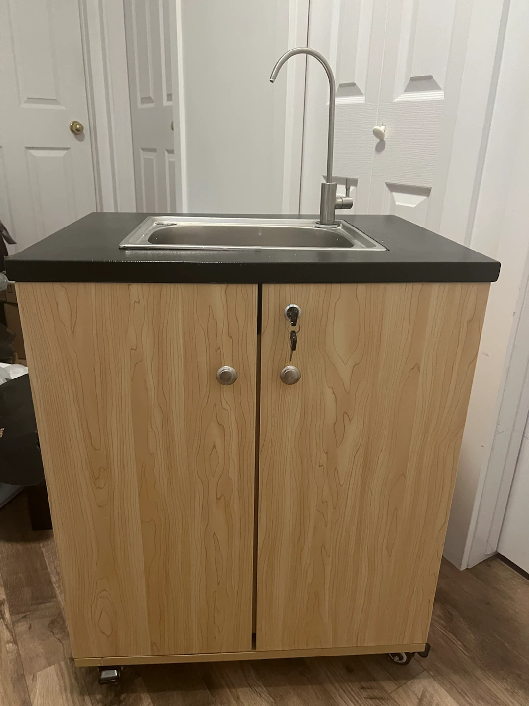Mobile sink station with lockable cabinet