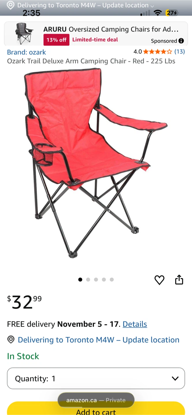 Ozark Trail Deluxe Arm Red Camping Chair