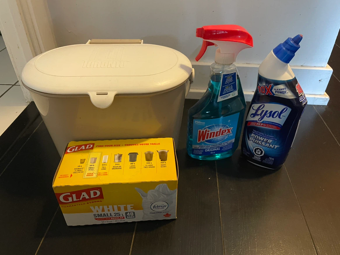 Kitchen Waste Bin, Glad Bags, and Cleaning Supplies