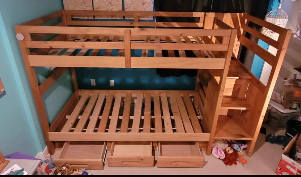 Wood bunk bed with stairs and lot of drawers