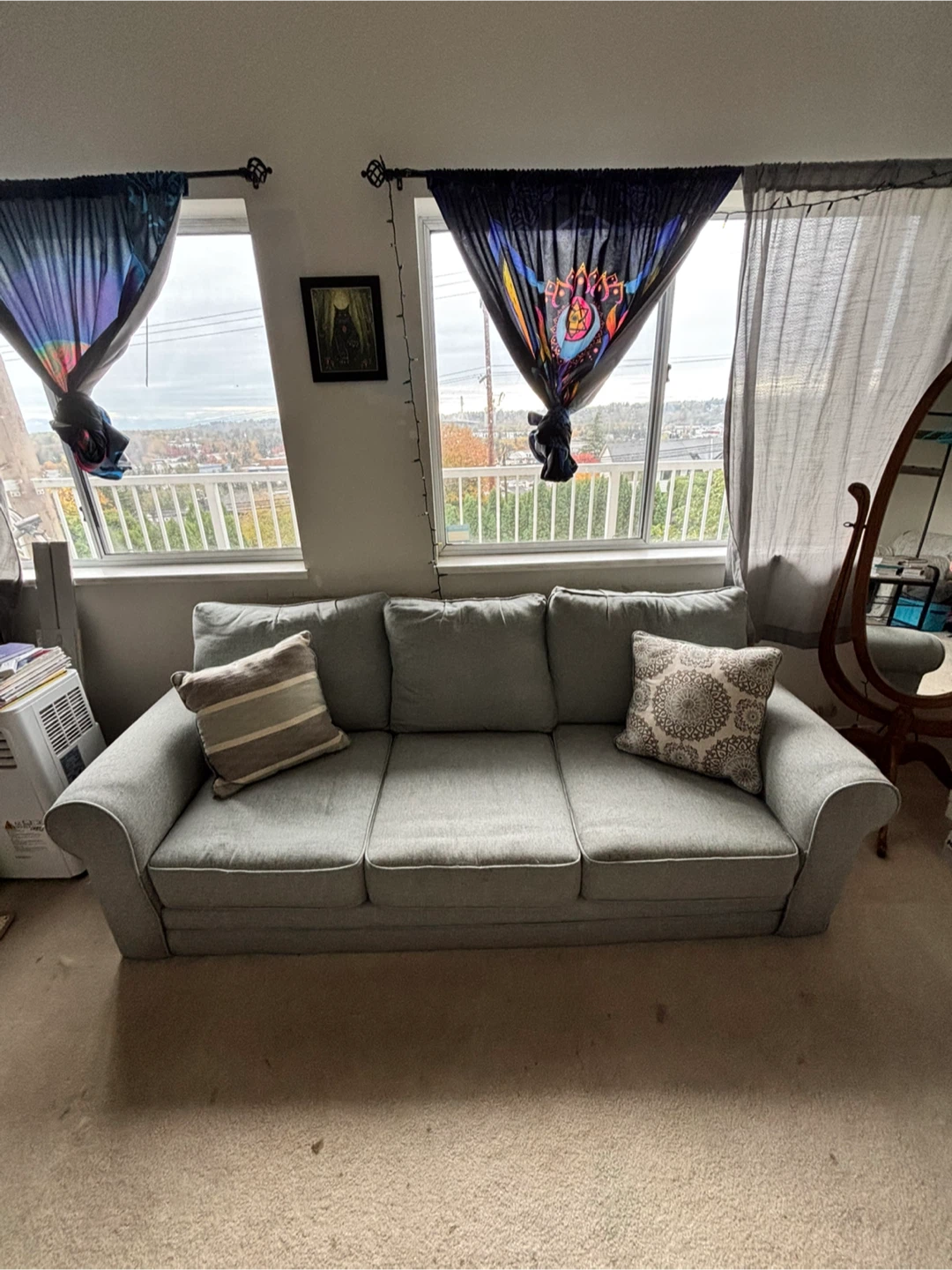 Three-Seater Grey Blue Fabric Sofa