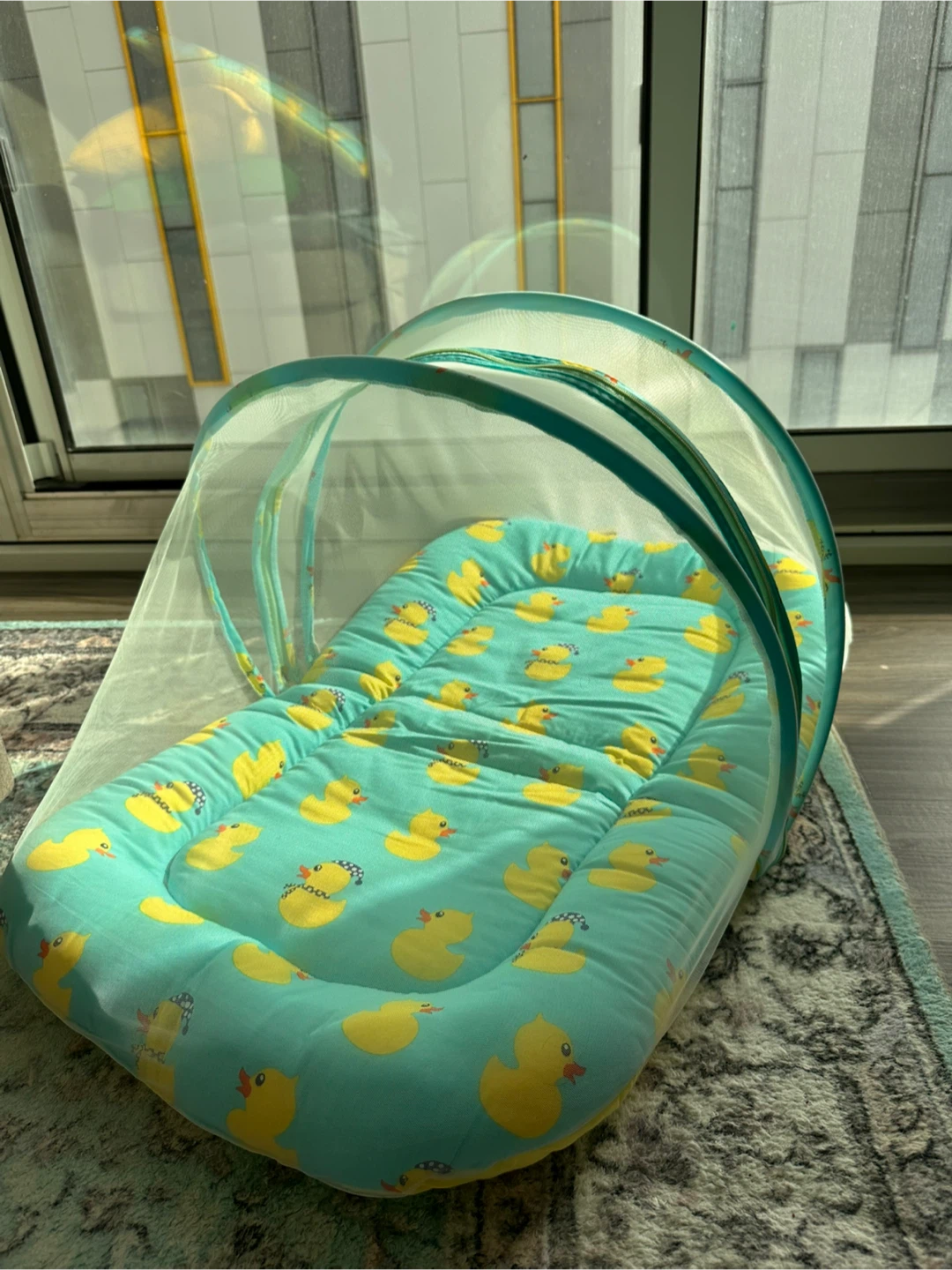 Foldable Baby Lounger, Mosquito Net, Extra Mattress, Duck Print