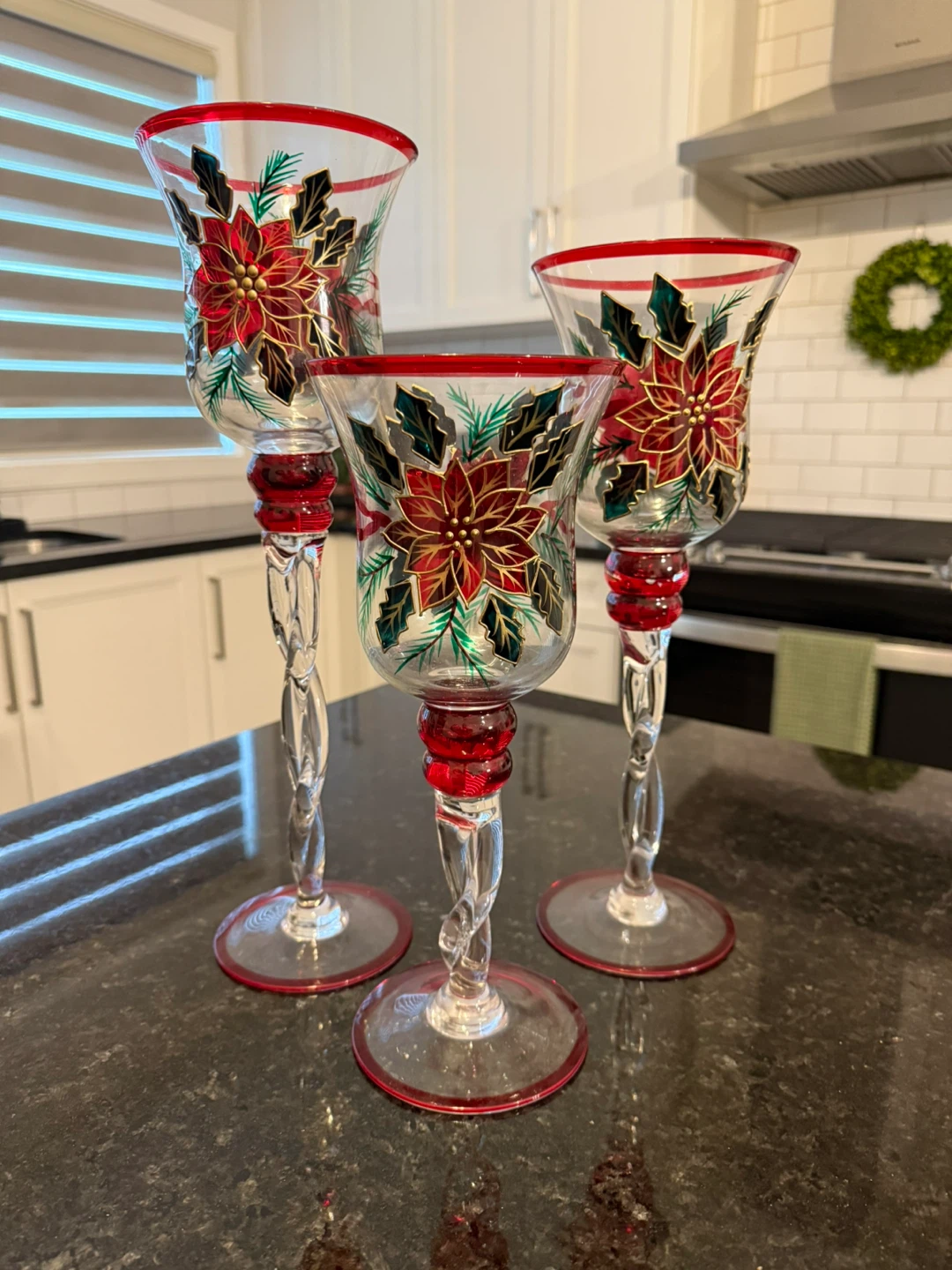 Set of Three (3) Hand painted Glass Candle Holders