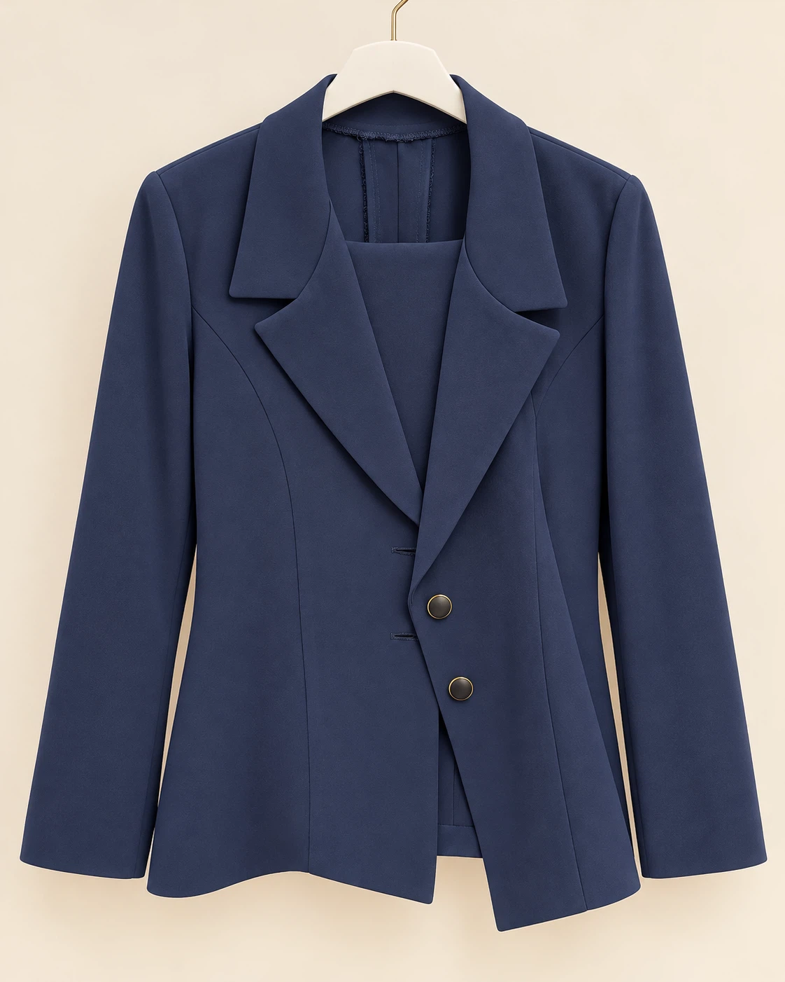 Elegant, custom-made 3-piece women’s suit in a navy blue.