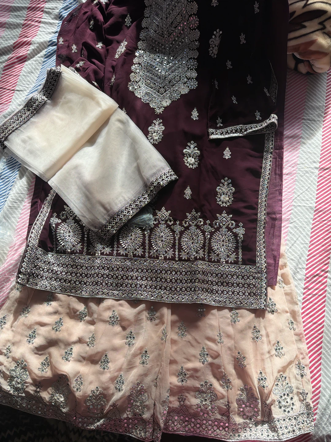 Embroidered Maroon and Peach Pakistani Suit Set