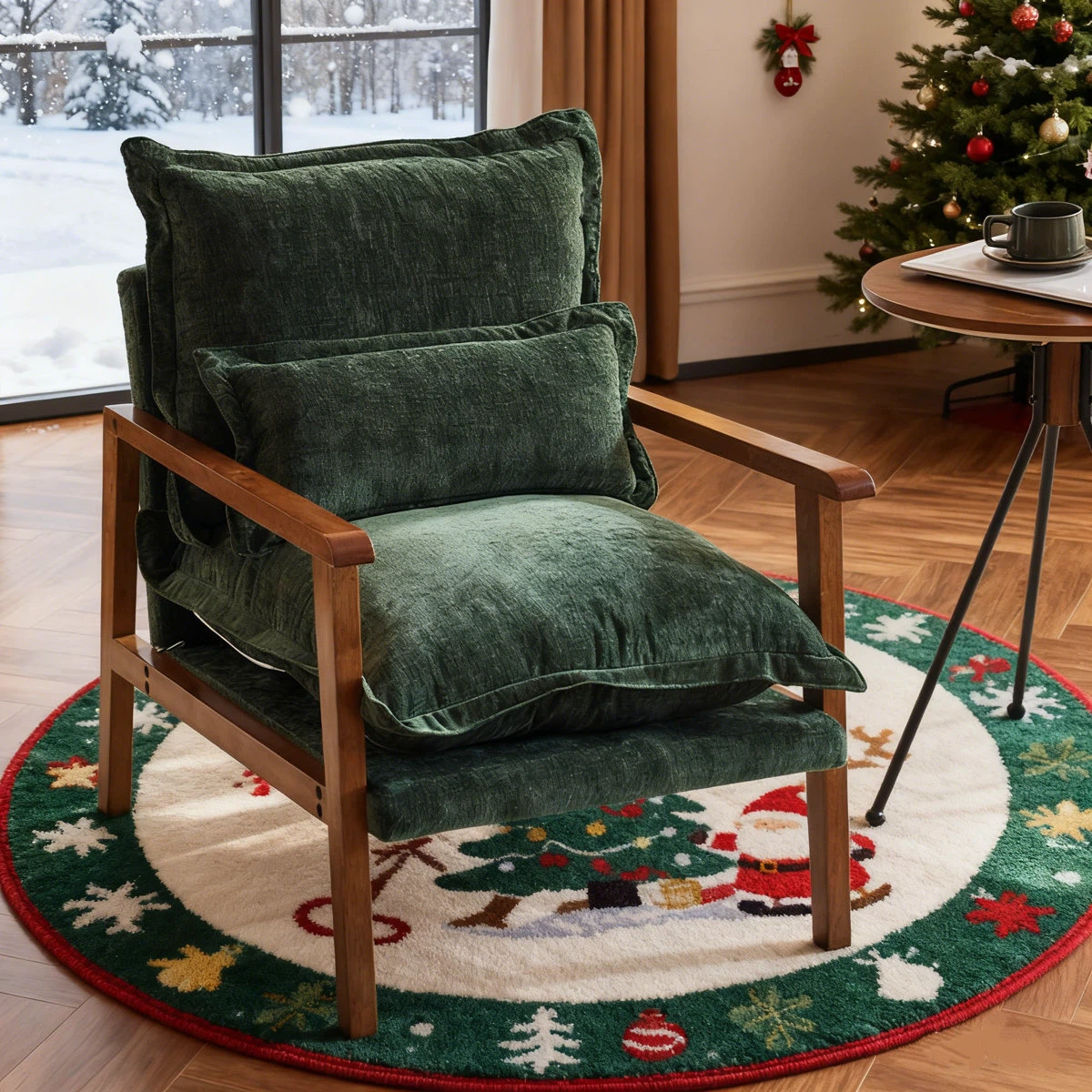 Dark Green Velvet Accent Chair with Wooden Frame