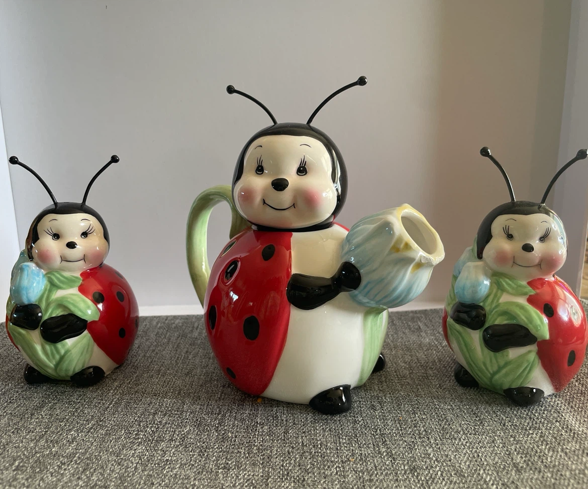 Burton Ceramic Ladybug Teapot and Creamer Set