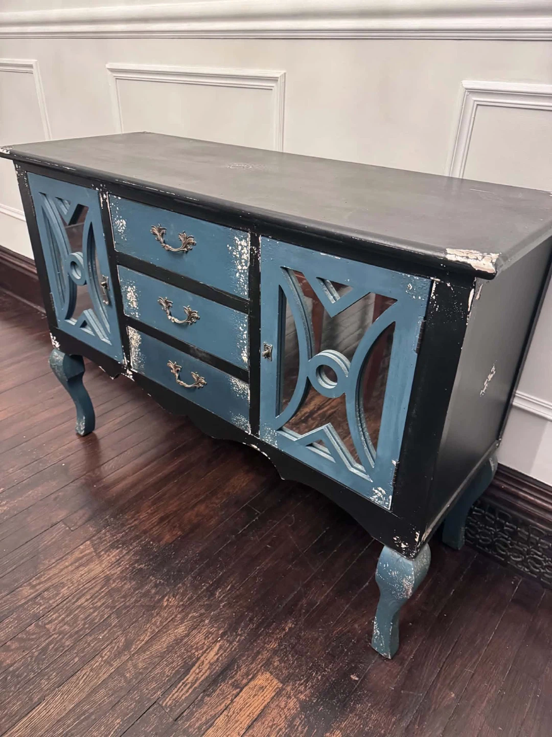 Distressed Blue and Black Sideboard Buffet