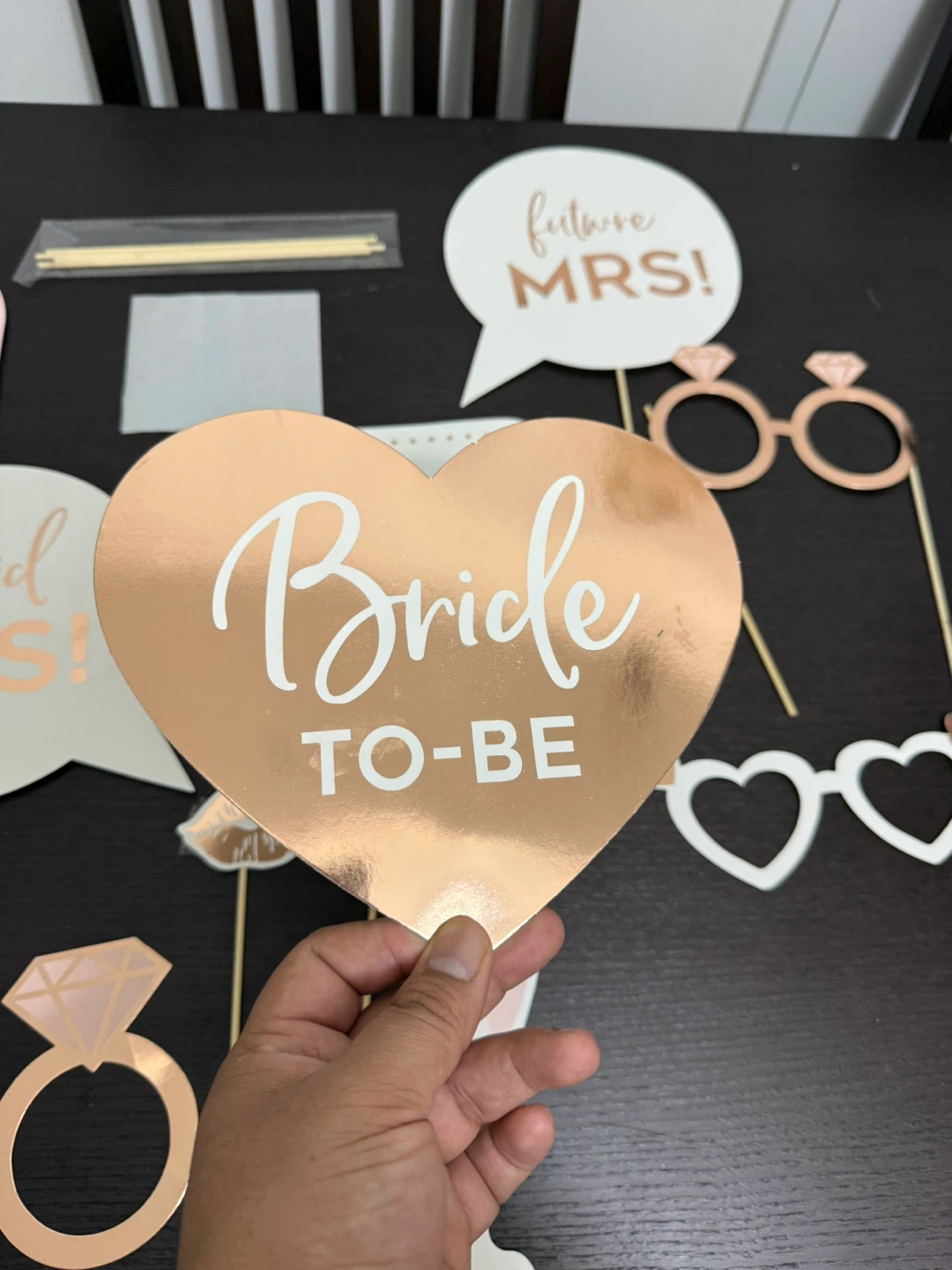 Rose Gold Bridal Shower Photo Booth Props and balloons