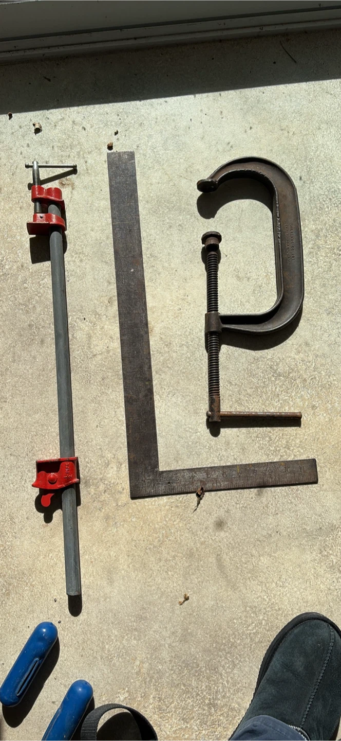 Vintage tool set: pipe clamp, C-clamp, and framing square - photo 2