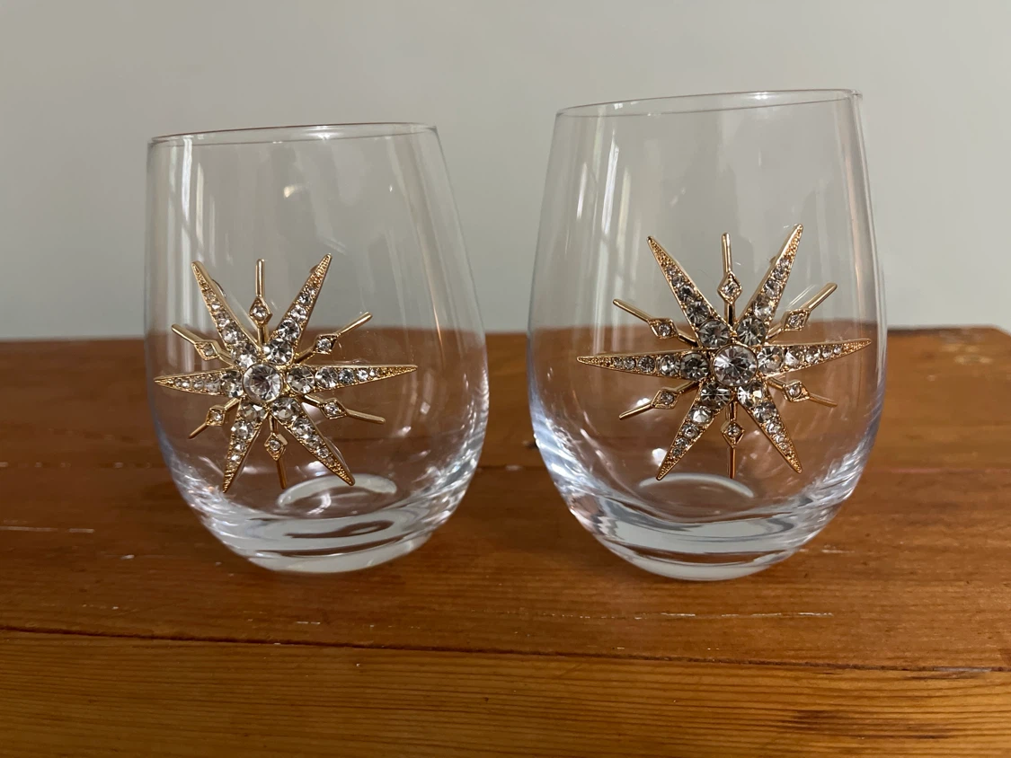 Set of 2 Stemless Wine Glasses with Gold Star Motif