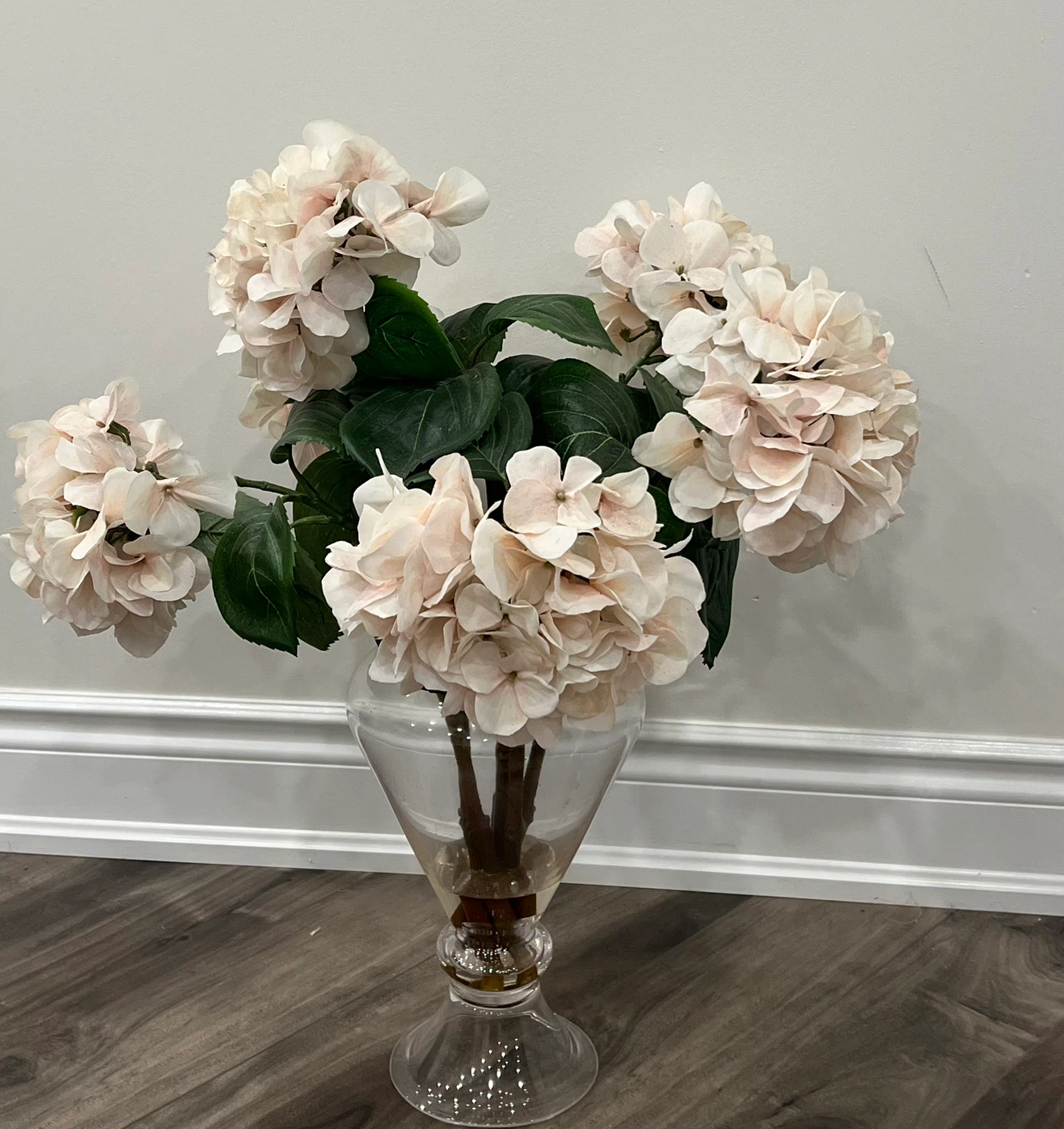 Artificial Hydrangea Bouquet with Glass Vase