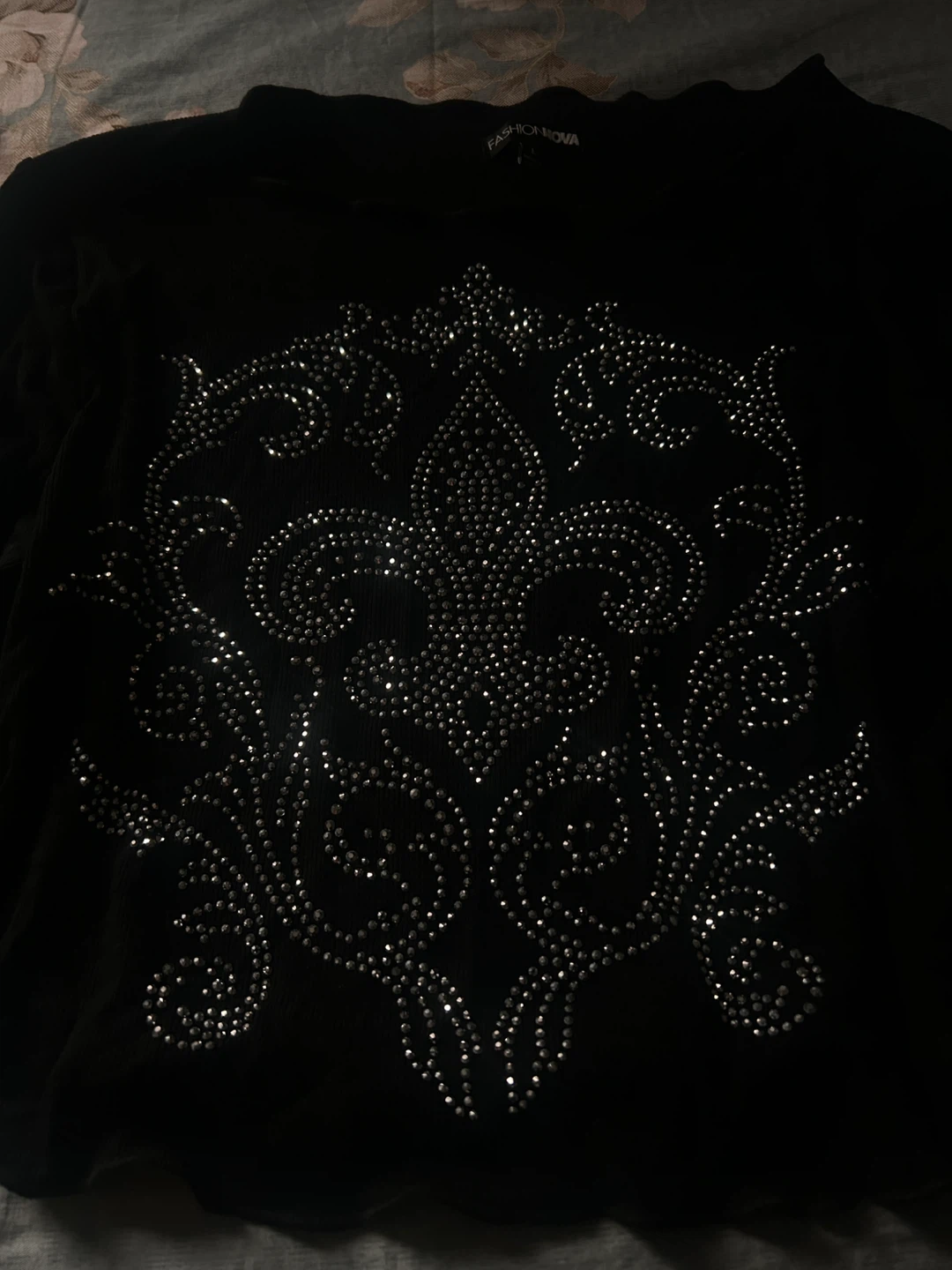Fashion Nova Black Long Sleeve Rhinestone Top