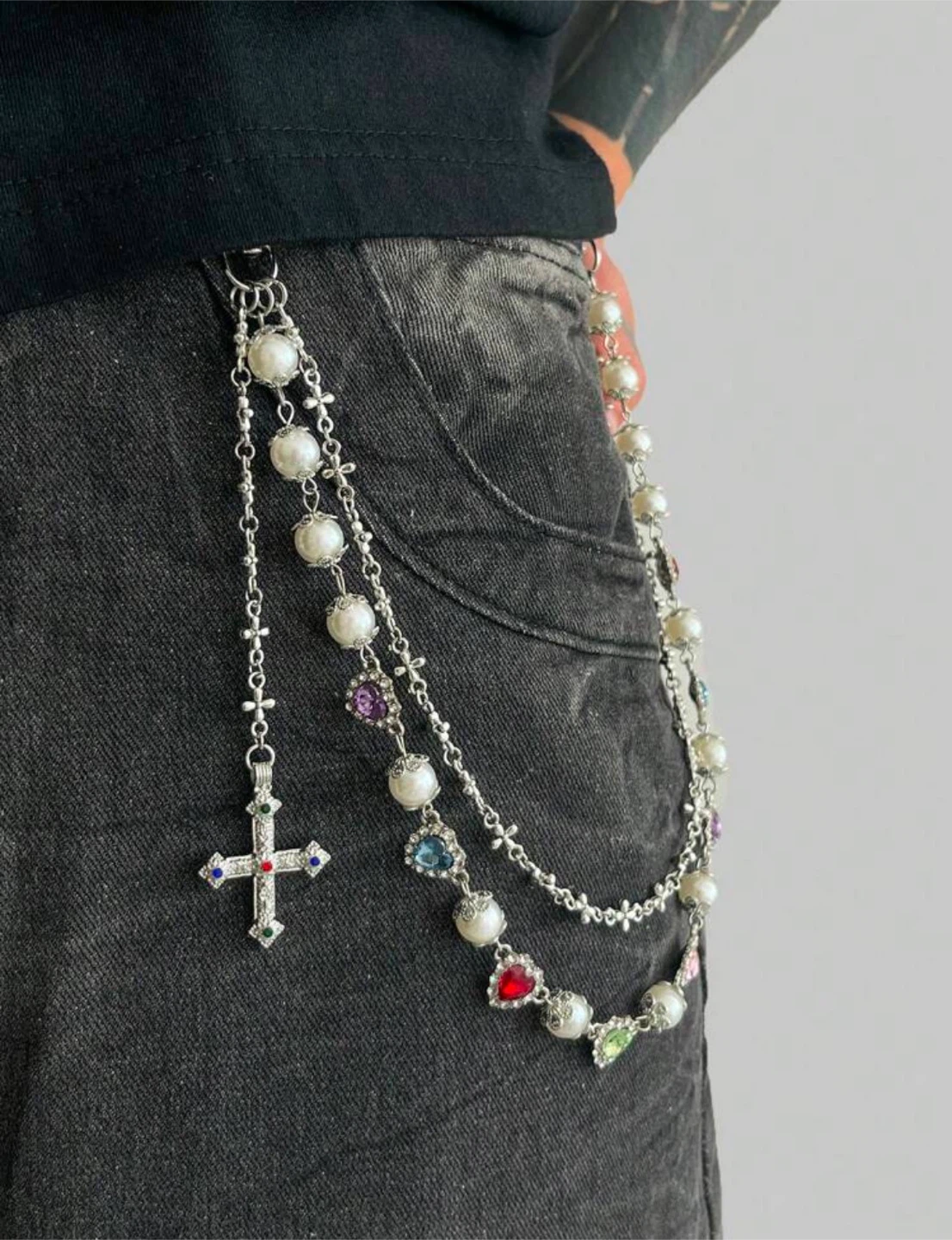 Multicoloured Pearl and Cross Wallet Chain