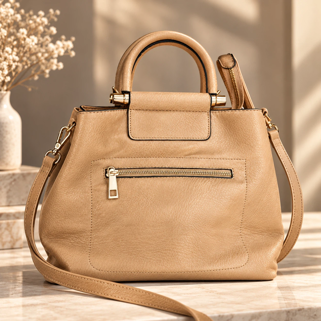 Tan Faux Leather Handbag with Shoulder Strap