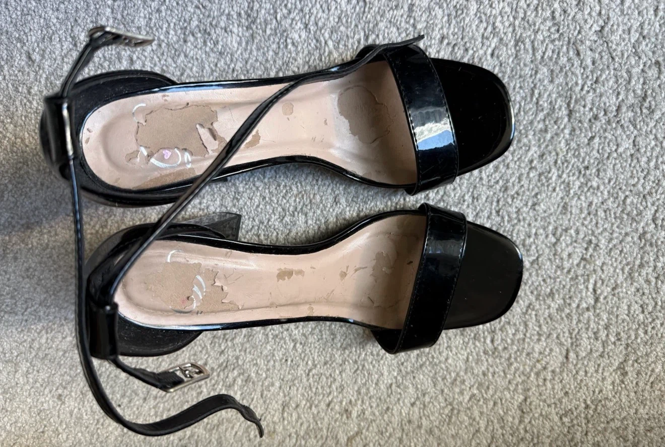 Black patent block heel sandals