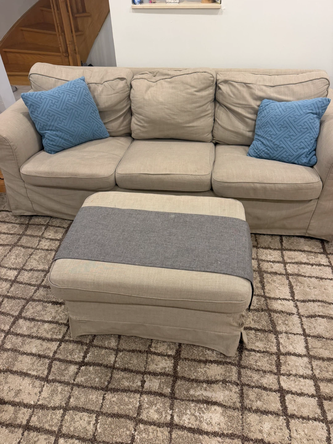 Beige Sofa with Matching Ottoman
