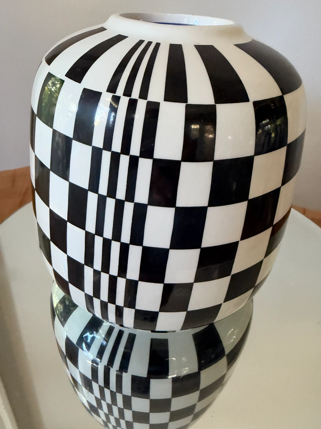Black and white patterned ceramic vase