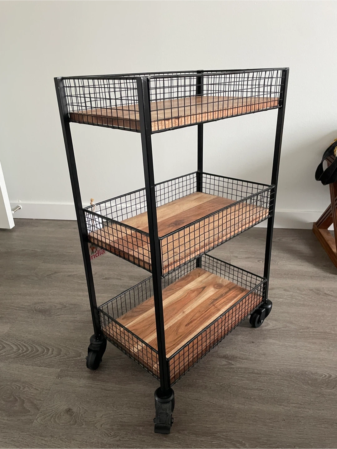3-Tier Wooden & Metal Rolling Cart