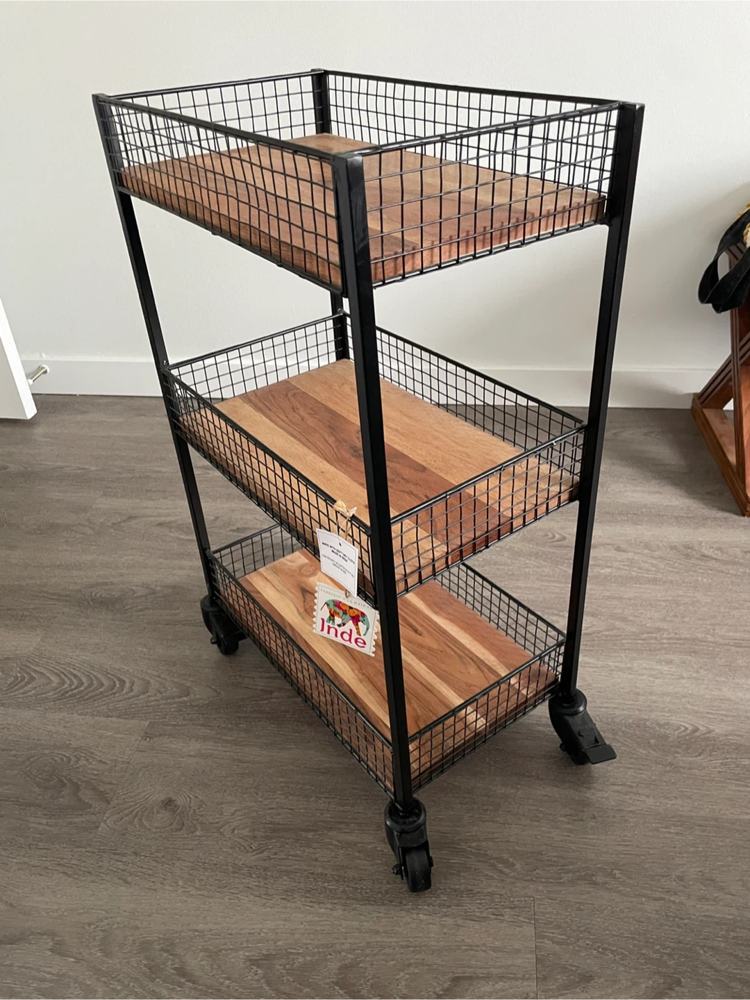3-Tier Wooden & Metal Rolling Cart - photo 3