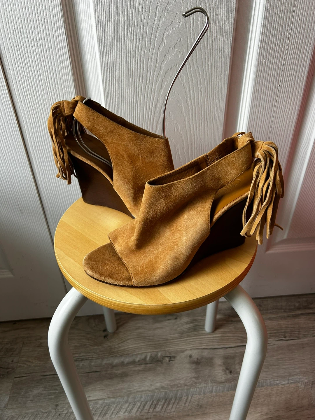 Chloé Tan Suede Fringe Wedge Sandals