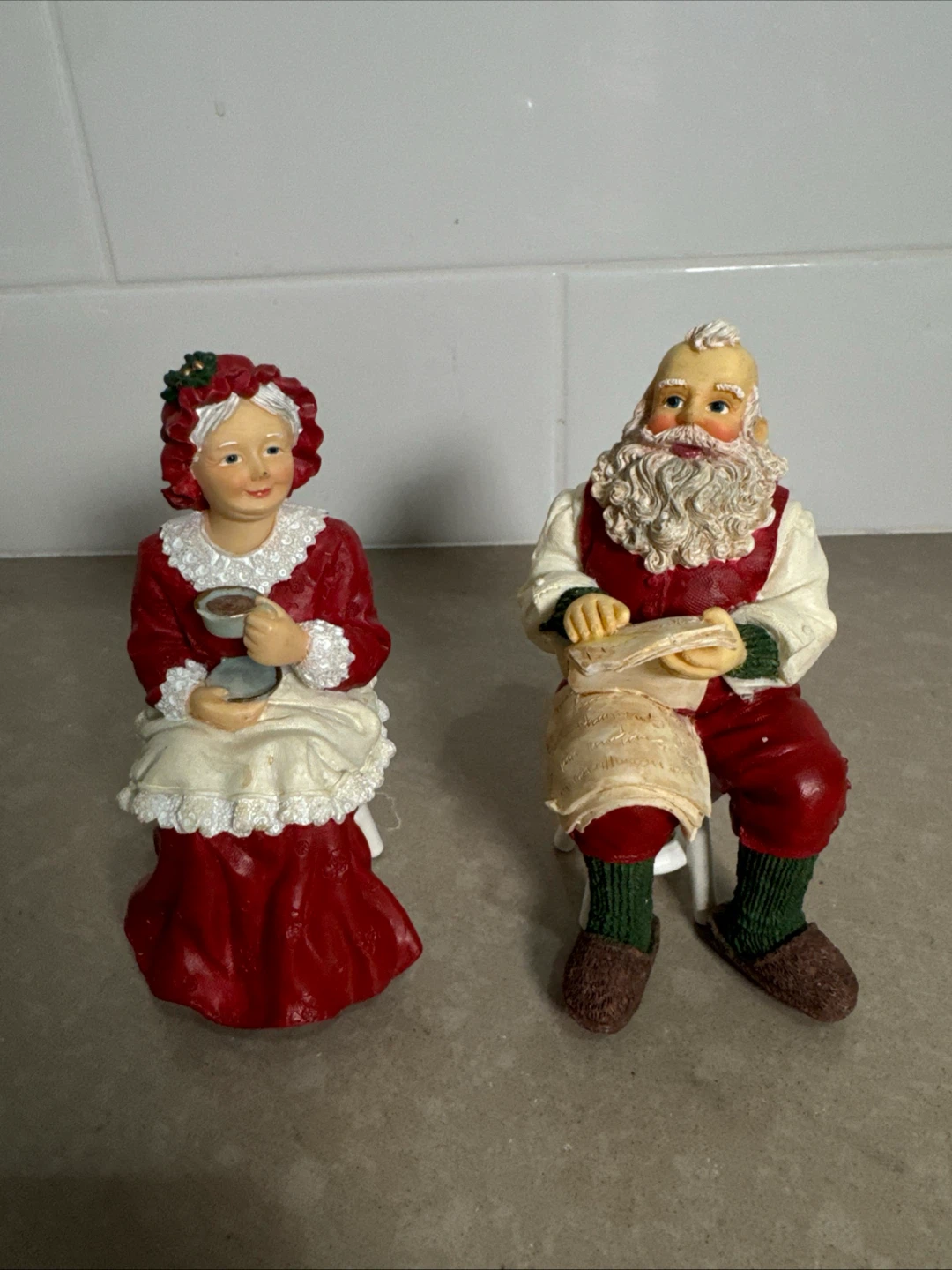 Christmas Santa and Mrs. Claus Figurines with Stools