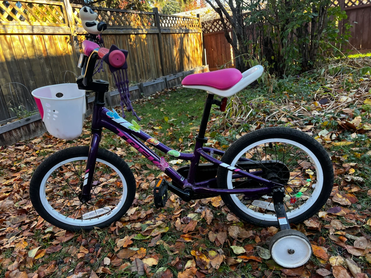 Purple-and-pink Trek Precaliber 16 kids' bike w/training wheels