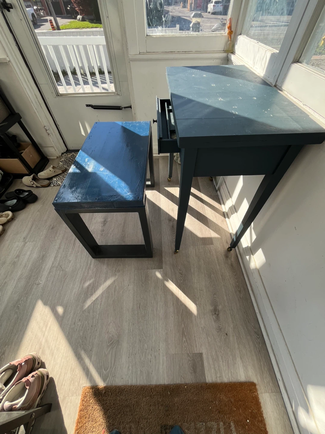 Blue painted desk and matching bench