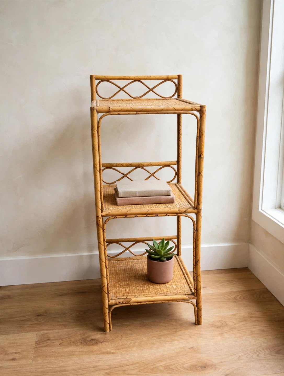 Three-Tier Bamboo and Rattan Shelf Unit