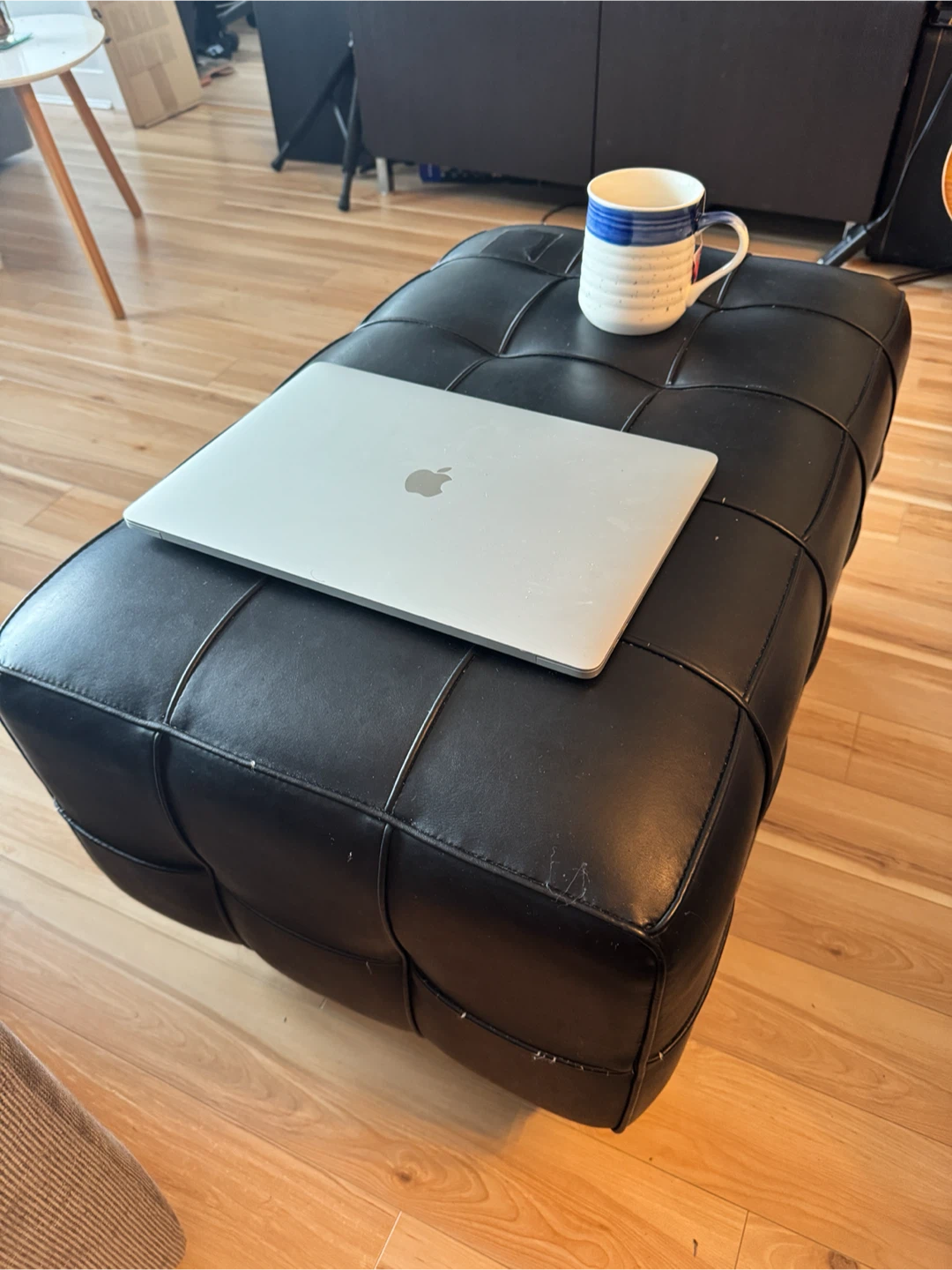 Black Tufted Faux Leather Ottoman - photo 3