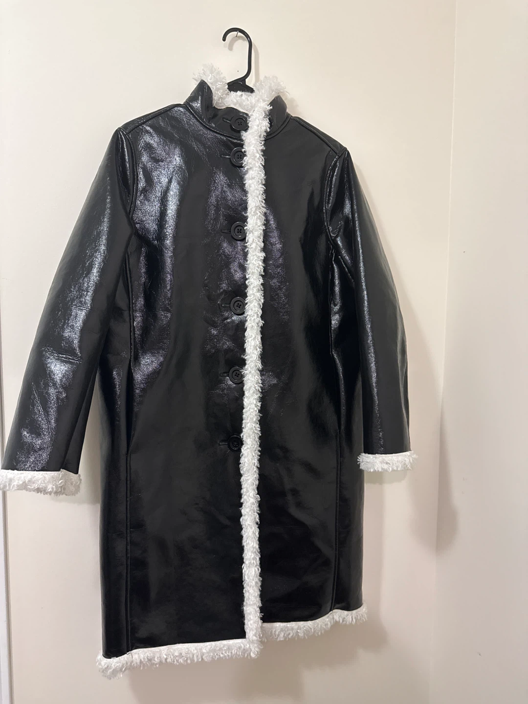Black Patent Leather Look Coat with White Faux Fur Trim