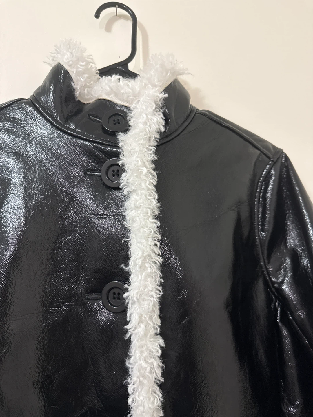 Black Patent Leather Look Coat with White Faux Fur Trim - photo 2